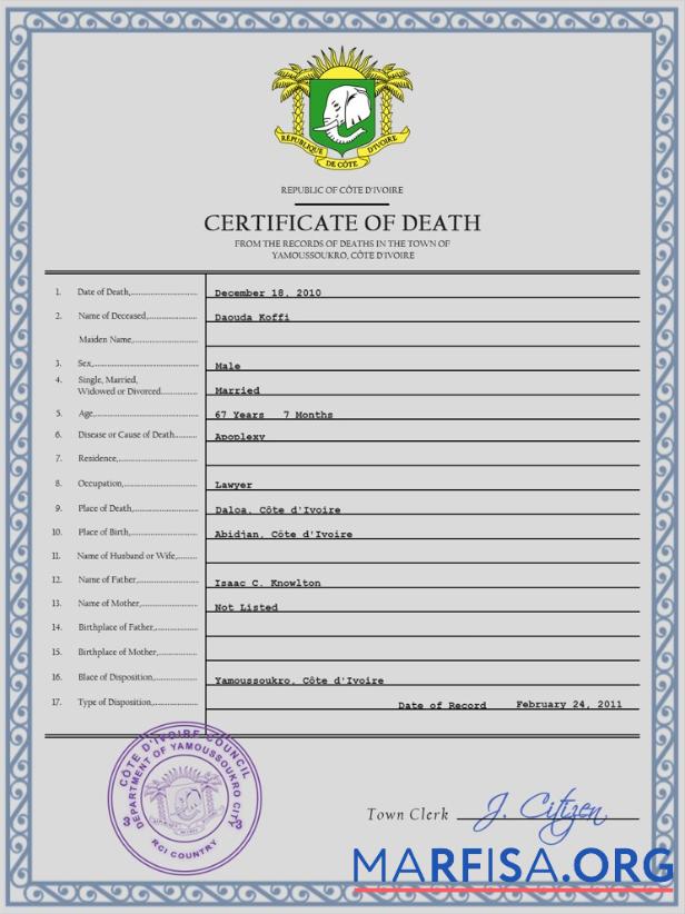 Downloadable Côte d’Ivoire vital record death certificate PSD template